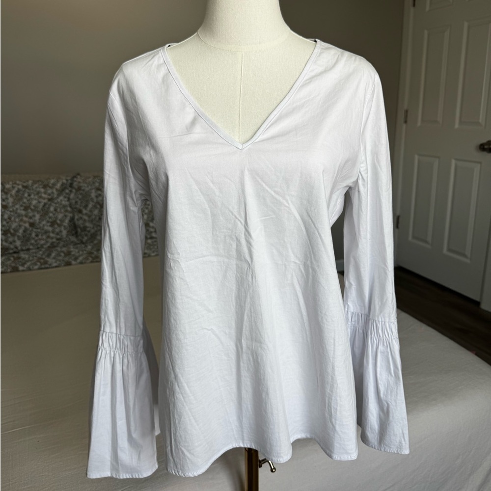 Pleione | White Soft V Neckline Bell Sleeve Blouse